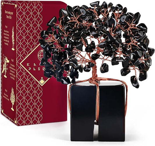 Crystal Tree of Life Feng Shui Decor for Home and Office, Blask Obsidian Chakra Healing Crystal Handmade Tree for Positive Energy, Money, Good Luck, Christmas Decor, Birthday Gifts for Women