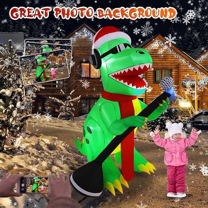 TCFUNDY 6.5FT Christmas Inflatable Dinosaur Singing Outdoor Patio Decoration, Giant Dinosaur with Built-in Bright LED Lights for Christmas Holiday Garden Lawn Decoration