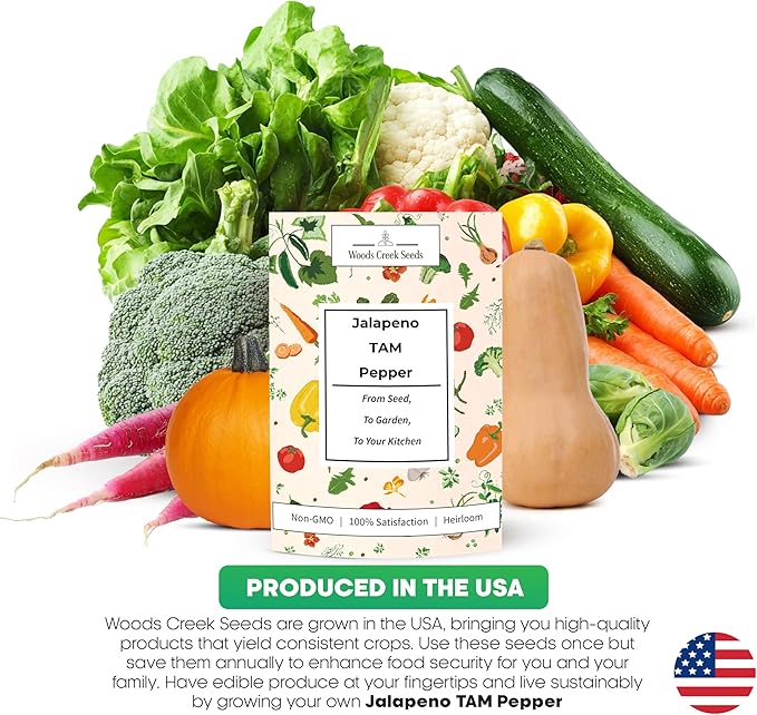 Woods Creek Seeds: Jalapeño TAM Hot Pepper Seeds for Planting - Over 180 Heirloom Non-GMO Jalapeno Seeds for Planting - Beginner Friendly Jalapeno Pepper Seed Pack for Indoor, Outdoor & Home Garden