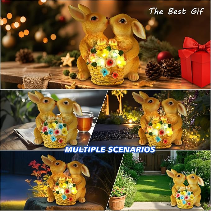 Garden Statues Rabbit Solar Lights, Bunny Decor with LED Lights Home Decorations Outdoor Garden Rabbit Statue for Patio, Balcony, Yard, Lawn Ornament - Unique Housewarming Birthday Gifts for Women