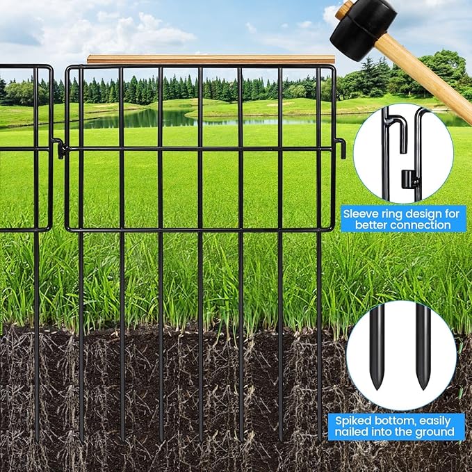Garden Fencing Animal Barrier 24 ft(L)×13 in(H), 24Panels No Dig Fence, 1.5" Gap Underground Critter Barrier for Decks, Pet Dog Digging Fence Barrier. Rust-Proof Metal Black Fence Stakes