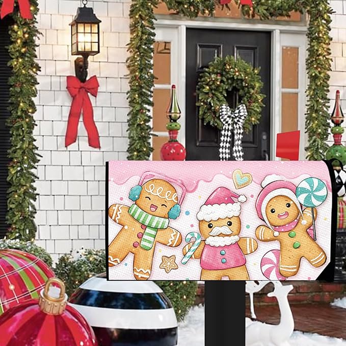 Pink Christmas Mailbox Cover Magnetic Standard Size 20.5" x 18", Xmas Gingerbread Man Peppermint Candy Decorative Post Letter Box Wrap Decor, Winter Holiday Garden Yard Outdoor Decoration