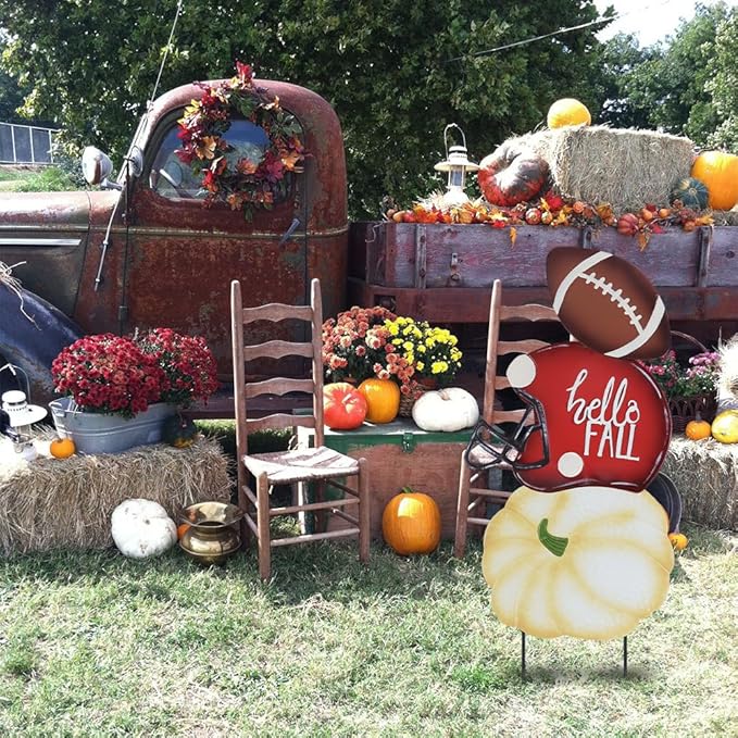 hogardeck Fall Decorations for Home Outdoor, 32" Decorative Garden Stakes with 3 Stacked Pumpkin Football Helmet for Fall Decor, Metal Yard Signs for Garden Home Lawn Patio Thanksgiving Decorations