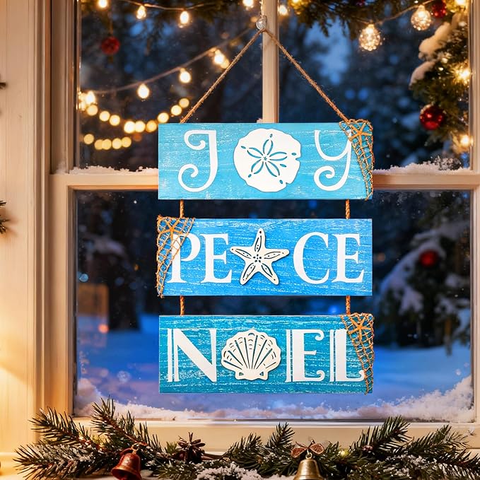 JQAQJU Beach Christmas Wall Decor for Coastal Christmas Ornaments With Starfish, 3D Nautical Christmas Decorations Ocean Signs For Porch Bathroom Indoor Home