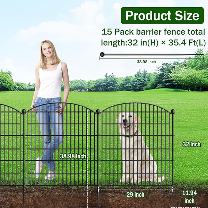 15 Panels Decorative Garden Fence - 32 in (H) x 35.4 ft (L) No Dig Dog Fence Outdoor for Yard, Rustproof Tall Garden Fencecing Panels, Animal Barrier Suitable for Yard Border, Patio, and Outdoor Use