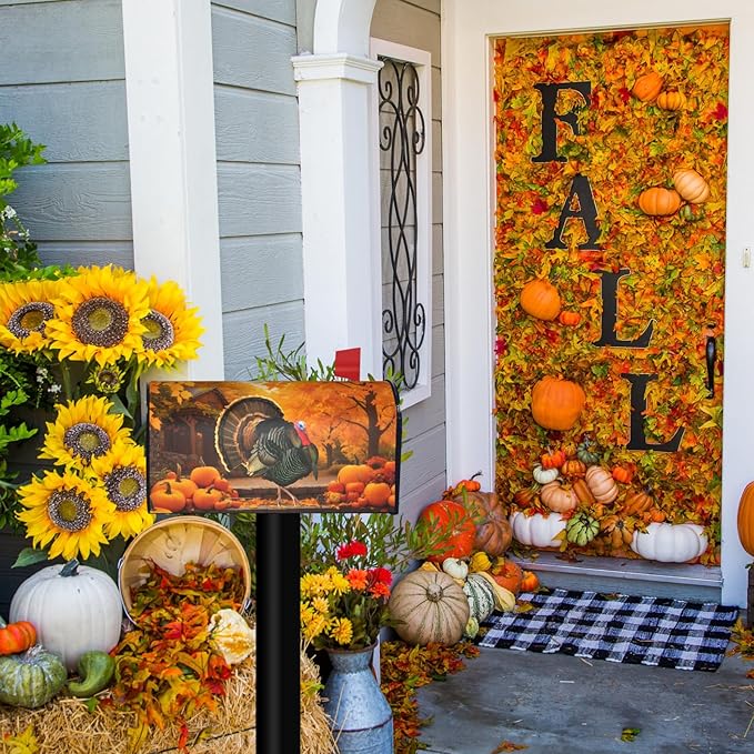 Thanksgiving Fall Turkey Pumpkins Mailbox Cover, Autumn Large Size Magnetic Mailbox Cover, 25.1x21 Inch Mailbox Wrap Post Letter Box Cover Mailbox Post Cover for Outdoor Decor