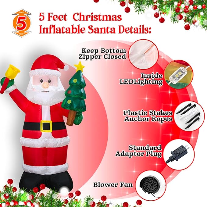 Christmas Inflatables Santa Holds Tree Bell Lighted Yard Lawn Inflatable Decoration with Built-in Fan and Stakes Ropes Holiday Party Decor, Christmas Decor (5FT-Santa Hold Tree & Bell)