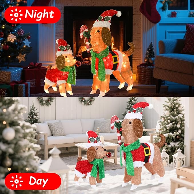 Lighted Outdoor Dog Christmas Decorations, 2 Pack Collapsible Pre-lit Beagle Dog with Candy Cane and Santa Hat Light up Puppy Xmas Decor for Indoor Outdoor Garden Yard Lawn Holiday Display
