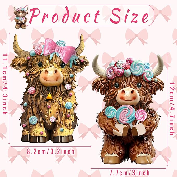 2 Pack Christmas Highland Cow Resin Figurine Decor Macarons Candy Theme Highland Cow Gnomes with Candy Christmas Resin Statue for Garden Table Shelf Kitchen Home Decor Calf Gnome Herd Gifts