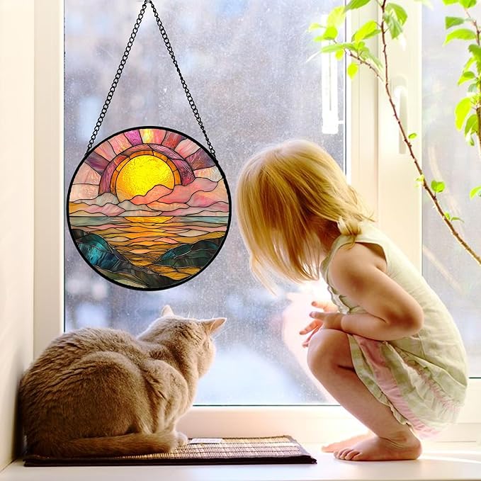 Stained Glass Window Hanging, Sunrise Over The Sea Suncatcher Diamond Glass Panel Hangings Abstract Sun Catchers Decor for Birthday for Women, Men, Wife, Aunt, and Mom 11.8 in