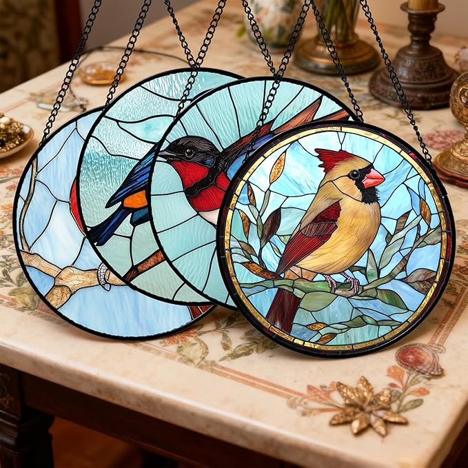 Stained Glass Window Hanging 4 Pcs Set Cardinal Blue Birds Large 11.8" - Suncatcher Door Garden Sun Catcher Decor Birthday Mother's Day for Bird Lovers Men Woman Nana Friend
