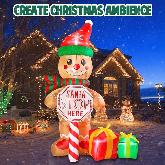 Vipush 7.2 FT Santa Stop Here Sign Christmas Inflatable The Gingerbread Man with LED Lights for Christmas Decorations Indoor Outdoor Yard Lawn Holiday Garden Decorations