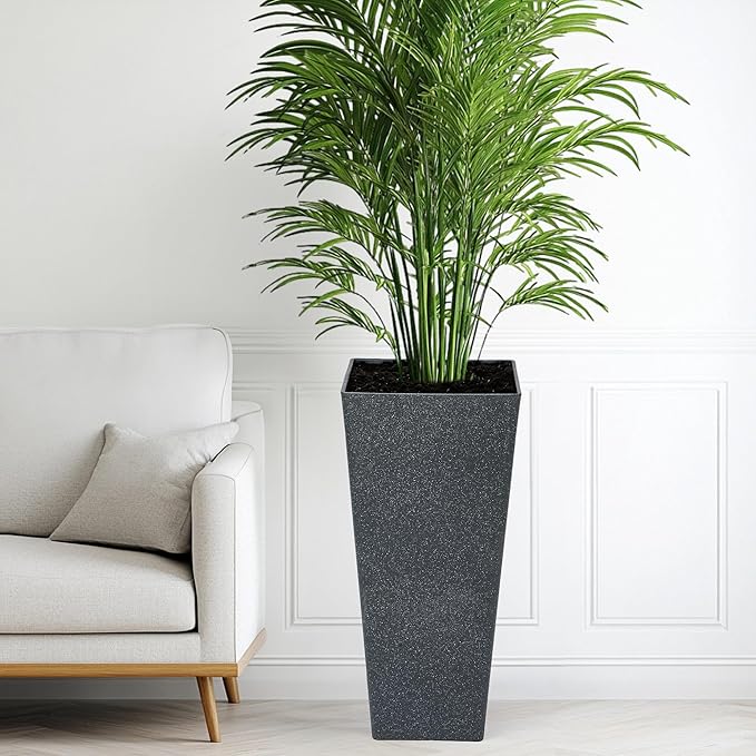 28" Large Planters Tall Square Planter for Plants Outdoor Set of 2 V-Shaped Flower Pot Black Terrazzo Garden Plants Pots, Durable and Weather-Resistant for Patio, Porch Home