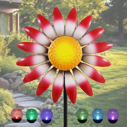 Decorative Metal Garden Daisy-Style Rotator, Decorative Garden Post, Daisy-Style Sculpture Courtyard. Outdoor Courtyard Art. (Red)
