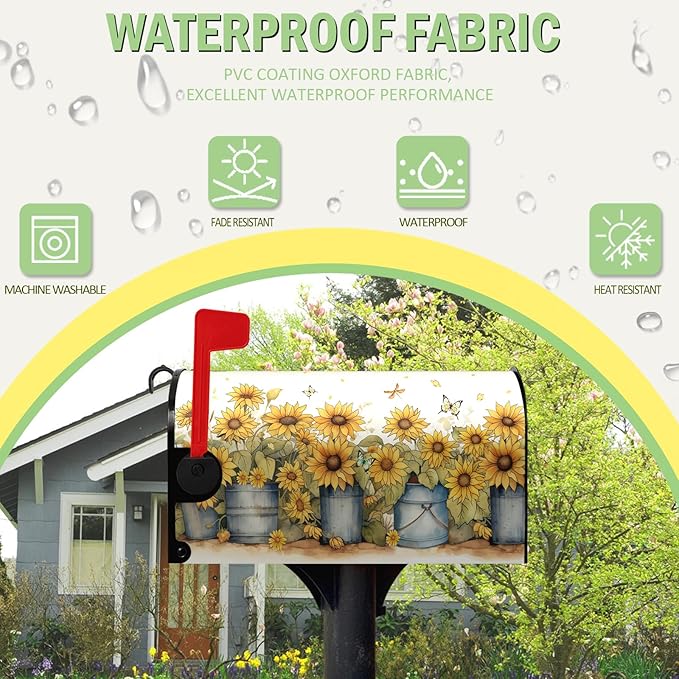 Summer Sunflower Mailbox Covers Magnetic Standard Size Yellow Flowers Mailbox Post Cover Summer Floral Mailbox Wraps Decor Waterproof for Garden Yard 21x18 Inch