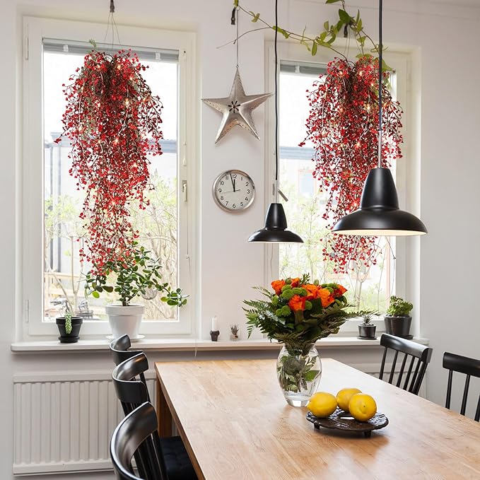 RECUTMS Artificial Hanging Fern Lighted with 30 LED Fake Hanging Ivy Vines Plastic Faux Greenery Plants for Home Wall Bedroom Garden Wedding Outside Decor Pack of 4 (Red)