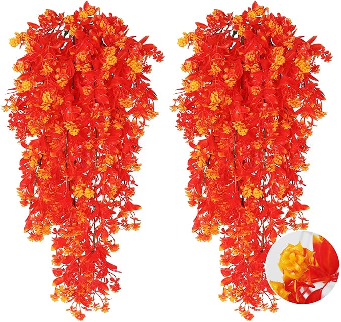 RECUTMS Pack of 2 Hanging Fake Flowers Artificial Outdoor UV Resistant Greenery Faux Plastic Plants for Farmhouse Garden Veranda Porch Bathroom Kitchen Arrangements (Gold)