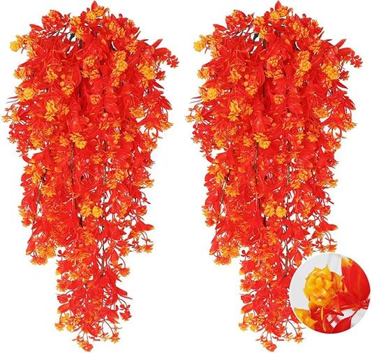 RECUTMS Pack of 2 Hanging Fake Flowers Artificial Outdoor UV Resistant Greenery Faux Plastic Plants for Farmhouse Garden Veranda Porch Bathroom Kitchen Arrangements (Gold)