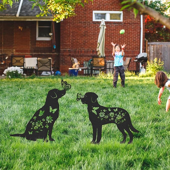 Dog Metal Garden Stakes - Animals Stake Garden Decor 2 Pcs Black Dogs Silhouette Statues Butterfly Gifts for Yard Art Decorations Dog Lovers Gift Patio Lawn Garden Decorations Outdoor Decor