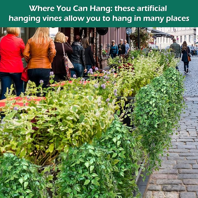 Hoteam 12 Pcs Artificial Hanging Plants 32 Inch Fake Ivy Vines with Fake Leaves Patio Artificial Plants Greenery for Living Room Indoor Outdoor Wall, No Basket (Vine)