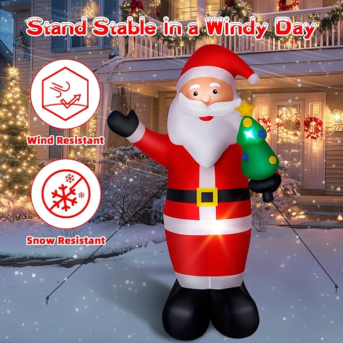 8FT Christmas Inflatable Santa, Large Blow up Santa Claus Yard Decoration Built-in LED Lights, Outdoor Santa Inflatable Christmas Decoration for Xmas Holiday Garden Lawn Patio