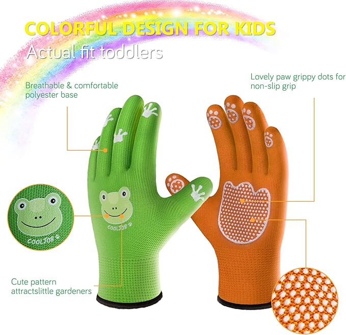 COOLJOB Breathable Toddler Work Gloves for Gardening Boy Girl Ages 2-4 Small, Nylon Kids Garden Gloves with Grip, Children Yard Gloves for Digging Weeding Landscaping, Green & Orange, 2 Pairs