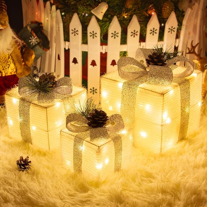 Set of 3 Christmas Lighted Gift Boxes,Outdoor Indoor Christmas Decorations,Plug-in 65 LED Light Up Present Boxes for Christmas Trees Indoor Outdoor Home Yard Lawn Holiday Birthday Party Decor
