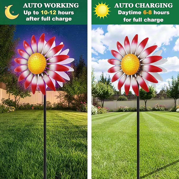 Decorative Metal Garden Daisy-Style Rotator, Decorative Garden Post, Daisy-Style Sculpture Courtyard. Outdoor Courtyard Art. (Red)