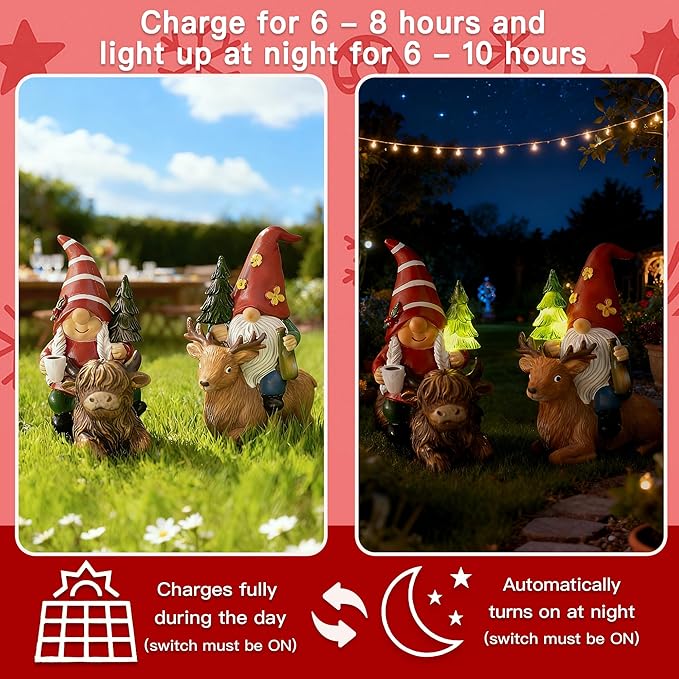 2 Pcs Gnome Garden Decor Statue Highland Cow and Reindeer, Solar LED Lights Gnomes Garden Sculpture Decorations for Yard, Gnomes Gifts for Women