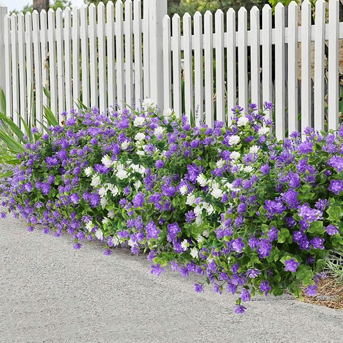 8 Bundles Artificial Flowers, Fake Artificial Greenery UV Resistant No Fade Faux Plastic Plants for Wedding Bridle Bouquet Indoor Outdoor Home Garden Kitchen Office Table Vase (Purple)