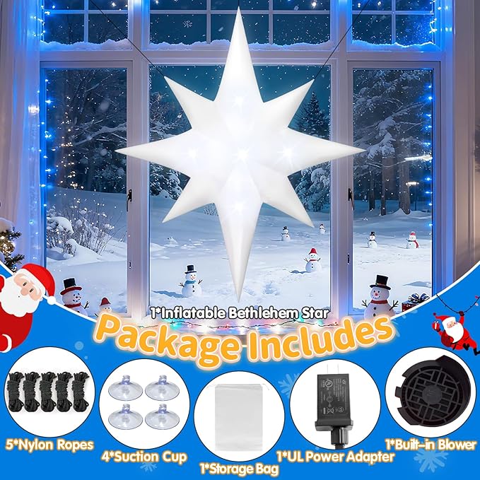 6FT Christmas Inflatable Bethlehem Star Outdoor Decorations Giant Blow Up Hanging Christmas Star Ornaments Winter Inflatables Built-in 5 LED Lights for Xmas Party Supplies Window Roof Wall Yard Decor