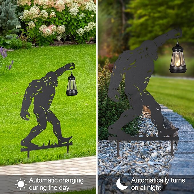 2Pack Solar Outdoor Garden Lights Stakes Solar Metal Bigfoot Lawn Deco Statue Black Bigfoot Patio Garden Decorative Stakes with Lantern Christmas Birthday Gifts for Women Mom and Grandma