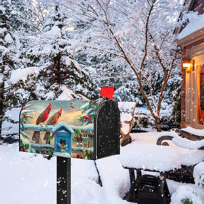 Winter Mailbox Cover Cardinal Birds Mailbox Covers Holly Berry Mail Box Wrap Magnetic Standard Size 21x18 Inch Mailboxes Decorations for Christmas Garden Home Yard Decorations