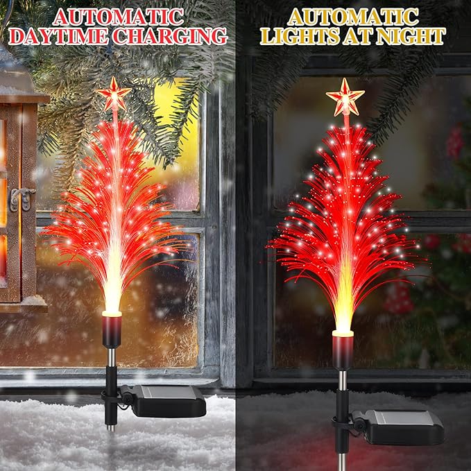 Baquler 2 Pcs Solar Christmas Tree Garden Stake Lights Outdoor Christmas Tree Lighted Yard Decorations Multicolor LED Solar Stakes for Pathway Lawn Patio Xmas Ornament(Bright Style)