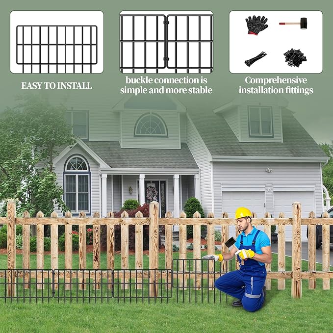10 Panels Garden Animal Barrier Fence, 10.8ft(L) x 12in(H) No Dig Decorative Fence, 1.2in Spike Spacing Rustproof Metal Garden Fence Border for Dogs Rabbits, Bottom Blocker for Outdoor Yard Patio