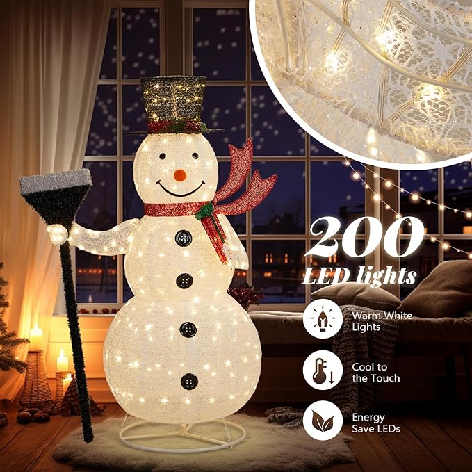 VINGLI 5FT Pop Up Lighted Snowman Christmas Decorations Outdoor Indoor, Prelit 200 Warm White LED Snowman with Broom & Stakes, Collapsible Xmas Yard Lawn Garden Front Porch Patio Holiday Decor