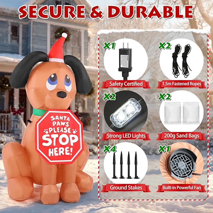 Christmas Inflatable Outdoor Decorations, 4FT Inflatables Dog Yard Decor with Hat & Sign, LED Lights Blow up Puppy Holiday Decorations for Indoor Outside Lawn Garden