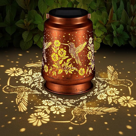 Solar Lantern Outdoor Hanging Waterproof Outside Metal Openwork Hummingbird Pattern Birthday Gifts for Women Mom Landscape Lights for Porch Garden Yard Patio Pathway Decor(Great Hummingbird)