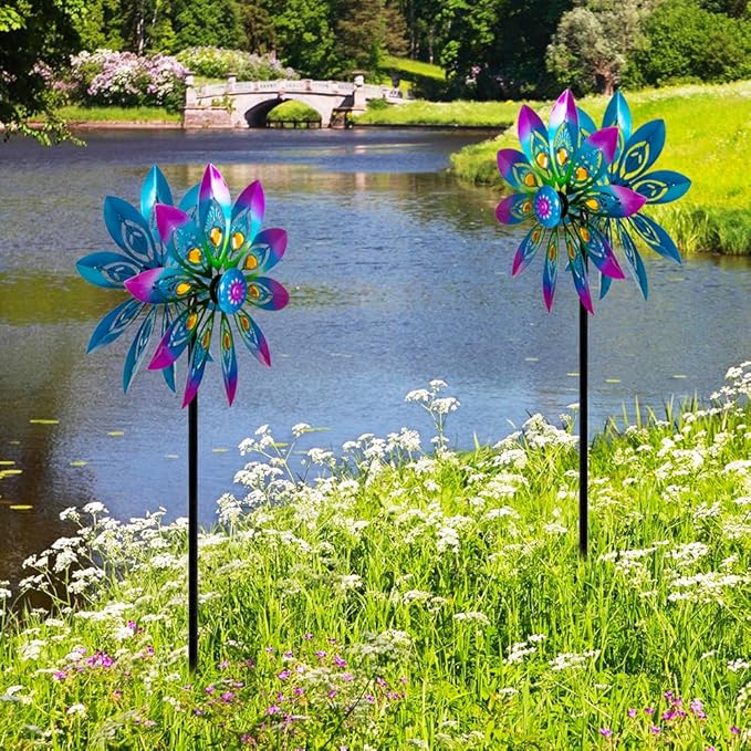 Metal Wind Spinner,13” Wind Spinners Outdoor,Peacock Windmill with Stake,Kinetic Wind Spinners for Yard and Garden,Multi-Color Pinwheels Yard Wind Sculptures,Waterproof Spinner for Patio Lawn
