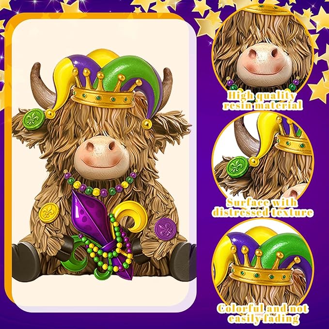 2 Pack Mardi Gras Highland Cow Resin Figurine Mardi Gras Bathroom Highland Cow Gnomes with Mask Starfish Resin Statue for Garden Table Shelf Home Decor Calf Gnome Herd Gifts