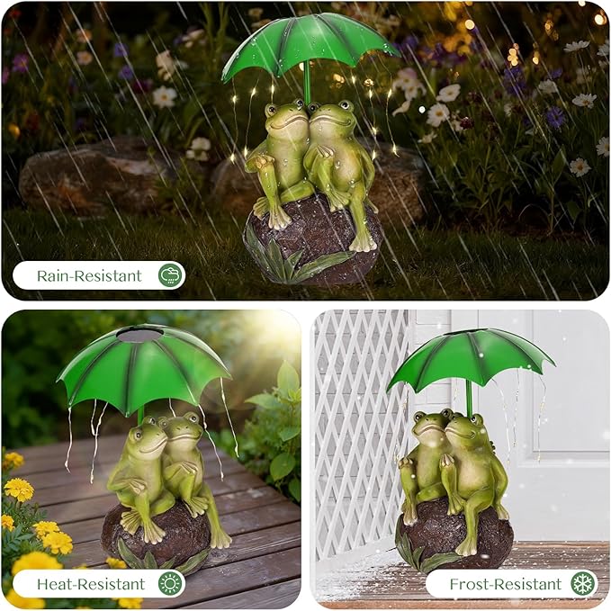 Solar Garden Statues Decor Frog Couple with LED Lights and Umbrella, Outdoor Garden Statues, Frog Statue for Patio, Balcony, Housewarming, Yard Ornaments Gifts for Women