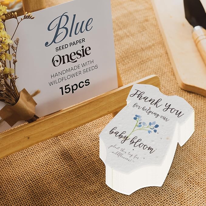 Onesie Seed Paper – 15Pcs Blue Baby Shower Favors for Guests with Wildflower Seeds, Writable & Plantable, Baby Shower Gifts for Guest