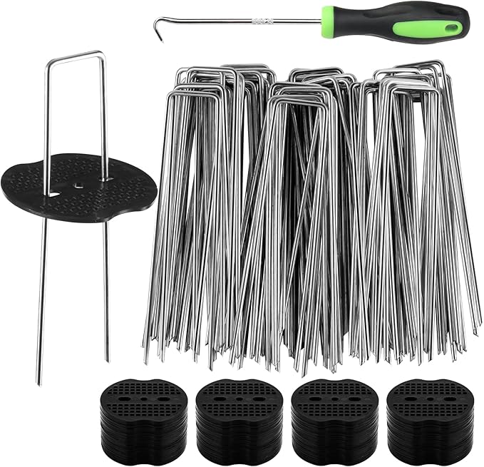 100pcs Garden Stakes Staples+100pcs Gasket, 6Inch 11 Gauge Galvanized Landscape Staples, Lawn Spikes,Heavy Duty Yard Ground Pin for Grass Weed Barrier Sod Fabric,Cover,Fence