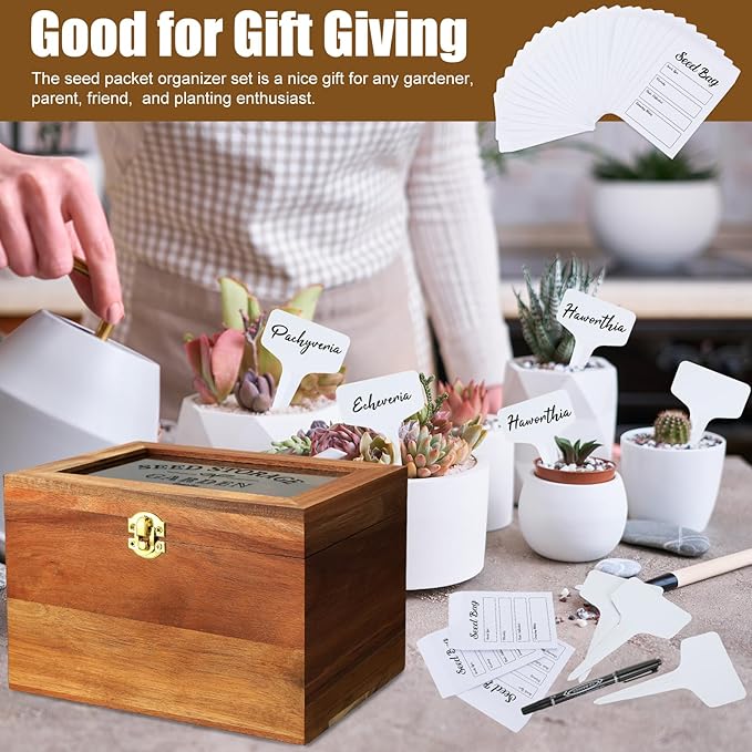 Seed Storage Box Seed Packet Organizer with Lid Seed Container with 100 Plant Labels 50 Envelopes 2 Marker Pens 3 Compartments Garden Seed Bin with Locks for Seed Saver Garden Lover