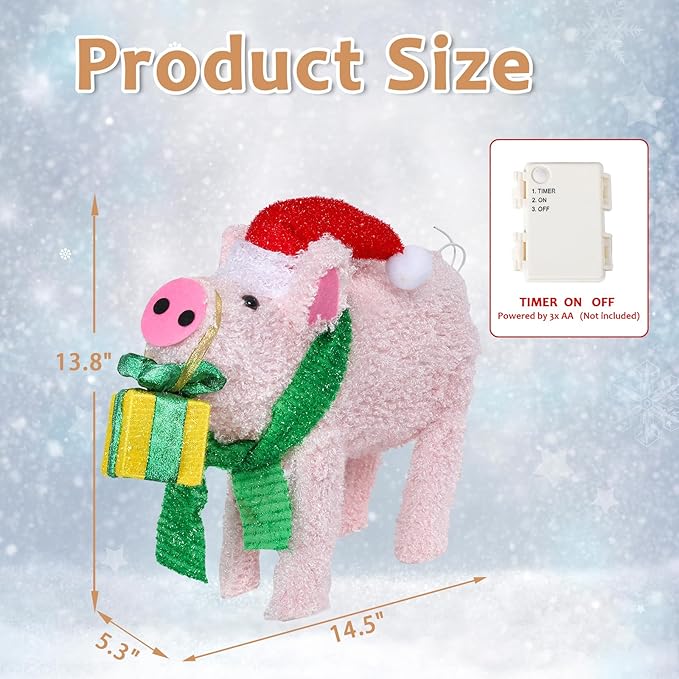 Christmas Lighted Pig Decoration 3D Glittered Fluffy Piggy with Gift Box Battery Operated Lighted Up Ornament Outdoor Indoor Christmas Decoration for Home Lawn Yard Garden Display