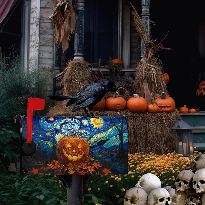 Halloween Pumpkin Magnetic Mailbox Covers Standard Size 18 x 21 Van Gogh's Starry Night Mailbox Wraps Cover Oil Painting Decorations Post Box Cover for Garden Yard Outdoor Decor