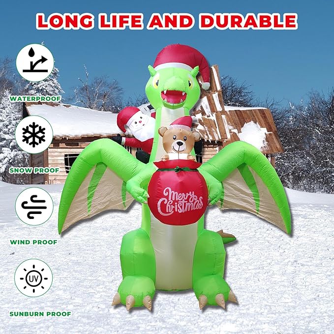 9 FT Giant Dinosaur Christmas Inflatable Decorations,with LED Lights - Santa Riding Dinosaur Christmas, Heavy-Duty Blower for Indoor/Outdoor Holiday Party Decor Weatherproof, Eye-Catching Xmas Display