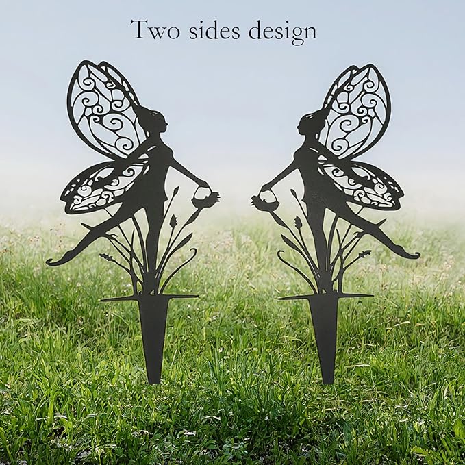 Decorative Garden Stakes Fairy Garden Statues Metal Weather Resistant 3 Piece Outdoor Decorative Set Black