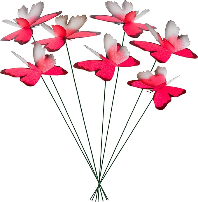 Handmade Glowing Pink Butterfly Garden Stakes Set of 7 - Decorative Outdoor & Indoor Plant Decor - Nature Lover Gift Idea by Air Aquarium Kushner