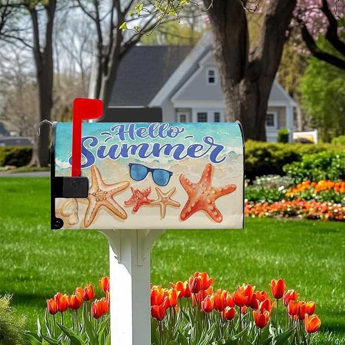Hello Summer Mailbox Cover Beach Starfish Mail Box Covers Magnetic Standard Size Sunglasses Post Letter Box Cover Wrap 21x18 inch Mailbox Decorations for Outside Garden Yard